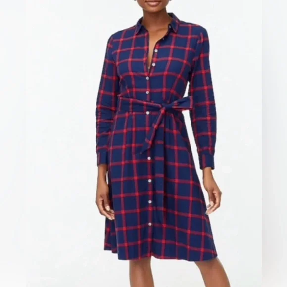J. Crew Red Blue Plaid Check Flannel Button Up Dress Bow Tie Waist 100%Cotton - Picture 2 of 5